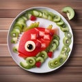 A plate of fruit salad shaped like a fish, with watermelon scales and kiwi fins3