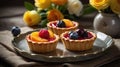 Delicious Fruit Tartlets with Fresh Berries and Jam on a Decorative Plate Royalty Free Stock Photo
