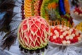 Plate with fruit. Watermelon, sweet candy bar