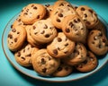 a plate full of chocolate chip cookies on a blue background