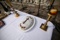 A plate full with coliva, Romanian traditional cake made from boiled wheat used at funeral ceremonies, decorated with a christian