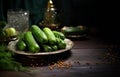 A Plate Full of Fresh Cucumbers on a Wooden Table Created With Generative AI Technology