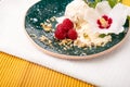 A plate full of an ice cream with sweet pink raspberries on a white fabric and on a yellow tablecloth. Summer snacks. Royalty Free Stock Photo