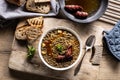 A plate full of lentil legume soup with baked sausage and fresh bread