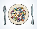 A plate full of pills. Vector drawing Royalty Free Stock Photo