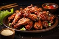 A plate full of savory chicken wings, coated with a generous sprinkling of sesame seeds, Delicious crispy BBQ chicken wings with
