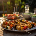 A plate full of skewers of food sitting on a table. AI generative image Royalty Free Stock Photo