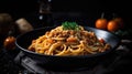 Plate full of spaghetti and meat sauce on the table Royalty Free Stock Photo