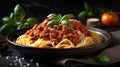 Plate full of spaghetti and meat sauce on the table Royalty Free Stock Photo