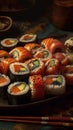 a plate full of sushi and chopsticks on a table next to a bowl of rice and a bowl of sauce and a bowl of vegetables