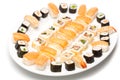 A plate full of sushi at a fish buffet