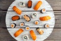 A plate full of sushi at a fish buffet