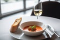 plate of gazpacho, served with crusty bread and glass of chilled white wine Royalty Free Stock Photo