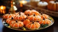 Plate with glazed homemade gingerbread cookies closeup on holiday family table decorated with fall leaves and pumpkins. Royalty Free Stock Photo