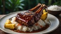Grilled Pork Chop with Teriyaki Glaze Served Over Rice with Pineapple on Elegant Plate Royalty Free Stock Photo