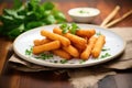 a plate of golden-brown mozzarella sticks with parsley