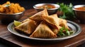 Delicious Vegetable Samosas Served with Spicy Chutney and Rice on Wooden Board Royalty Free Stock Photo