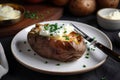 plate of golden-brown steak and fluffy baked potato with butter and sour cream