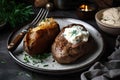 plate of golden-brown steak and fluffy baked potato with butter and sour cream