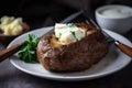 plate of golden-brown steak and fluffy baked potato with butter and sour cream