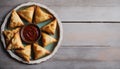 Plate of Samosas on a Wooden Table with Dipping Sauces, Copy Space