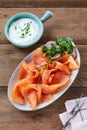 Plate of gourmet fresh smoked salmon or lok