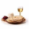 Passover Wine And Pita Bread On White Background