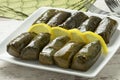 Plate with Greek dolmades and lemon close up