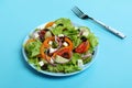 Plate of greek salad and fork on blue background Royalty Free Stock Photo