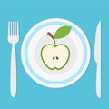 plate with green apple fruit half, fork and knife on blue background with shadow, keep a diet concept, healhty eat, stock vector