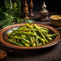 plate with green asparagus on the table