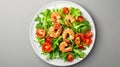 Plate with green salad, small tomatoes, and boiled shrimps. Top view. Realistic. Royalty Free Stock Photo