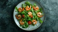 Plate with green salad, small tomatoes, and boiled shrimps. Top view. Royalty Free Stock Photo