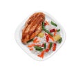 Plate with grilled chicken breast, rice and vegetables isolated on white, top view Royalty Free Stock Photo