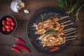 Plate with grilled chicken skewers and herbs on dark wood Royalty Free Stock Photo