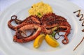 Plate of grilled octopus and polenta, decorated with balsamic vinegar and fresh herbs at a restaurant in Montenegro