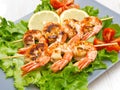 Plate of grilled prawns with salad and cherry tomatoes Royalty Free Stock Photo