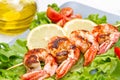 Plate of grilled prawns with salad and cherry tomatoes Royalty Free Stock Photo
