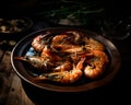 Plate of grilled prawns on the sauce. Ready delicious dinner of seafood on the wooden table. Close up. Generative AI