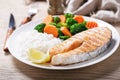 plate of grilled salmon, rice and vegetables Royalty Free Stock Photo