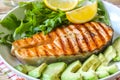 Plate of grilled salmon steak with vegetables Royalty Free Stock Photo