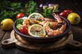 A plate of grilled shrimp and veggies topped with fresh herbs and lemon. (Generative AI)