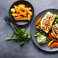 A plate of grilled swordfish with a side of mixed vegetables2, Generative AI Royalty Free Stock Photo