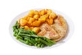 Plate of grilled turkey chops, baked potatoes and green beans on white background Royalty Free Stock Photo