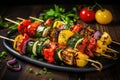 Plate of Grilled Vegetable Skewers - Fresh, Healthy, and Delicious, Grilled vegetable skewers featuring tomatoes, zucchini, bell Royalty Free Stock Photo