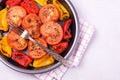 Plate of Grilled Vegetables on Light Background Baked Tomatoes and Peppers Tasty Healthy Diet Dinner or Lunch Top View Fork