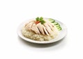 Plate with hainanese popular asian food with chicken and rice on white background.Macro.AI Generative Royalty Free Stock Photo