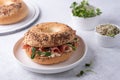 Plate with ham and ricotta bagels on a white background, sandwich with prosciutto cheese and microgreens for breakfast