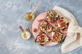 Plate of healthy appetizers. Bruschettas with figs, cheese, sesame, huts and honey