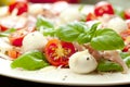 Plate of healthy classic delicious caprese salad with ripe tomatoes and mozzarella cheese with fresh basil leaves on white wooden